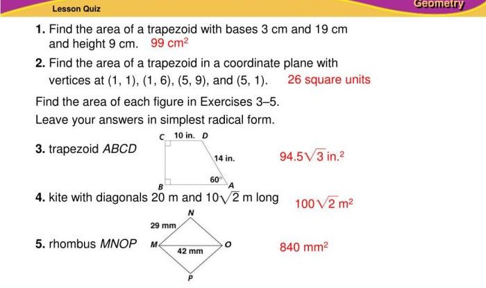 Areas of trapezoids rhombuses and kites answers