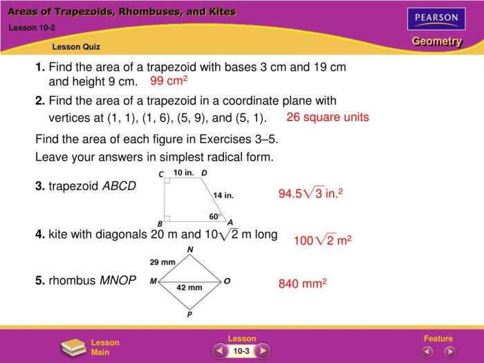 Areas of trapezoids rhombuses and kites answers